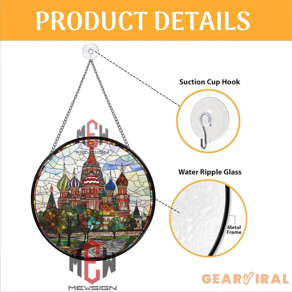 St. Basil’s Cathedral Stained Glass Suncatcher Colorful Russian Landmark Window Art Moscow Travel Gift Round Historical