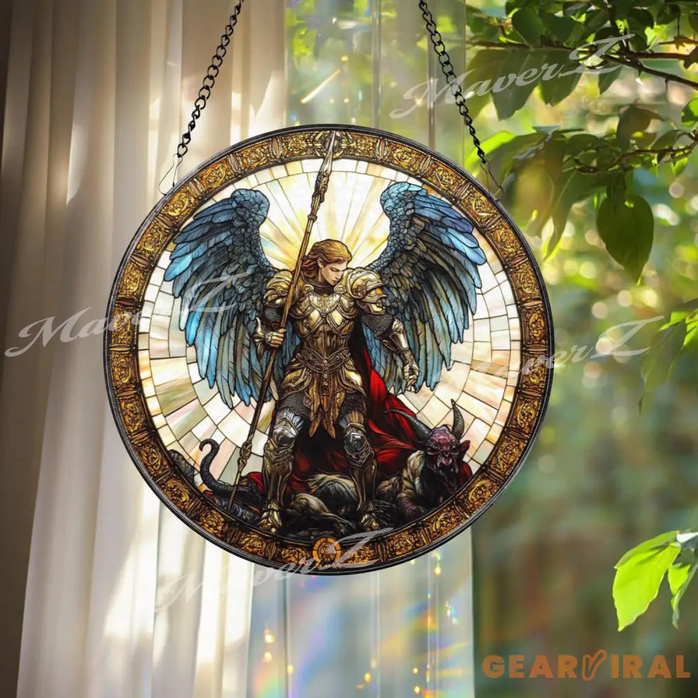 St. Michael Stained Glass Suncatcher Archangel Defeating Demon Window Art Christian Warrior Angel Panel Spiritual Home