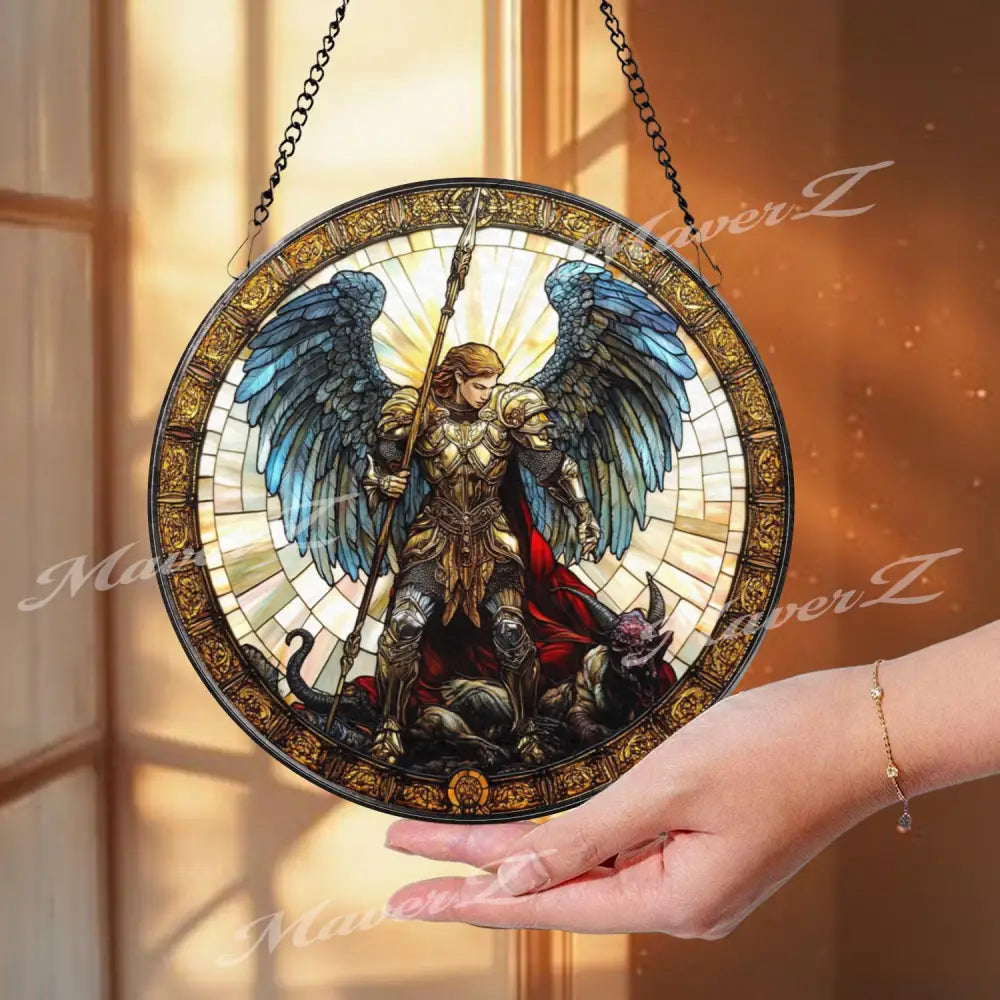 St. Michael Stained Glass Suncatcher Archangel Defeating Demon Window Art Christian Warrior Angel Panel Spiritual Home