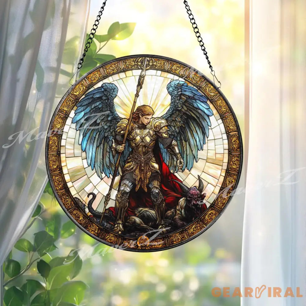 St. Michael Stained Glass Suncatcher Archangel Defeating Demon Window Art Christian Warrior Angel Panel Spiritual Home