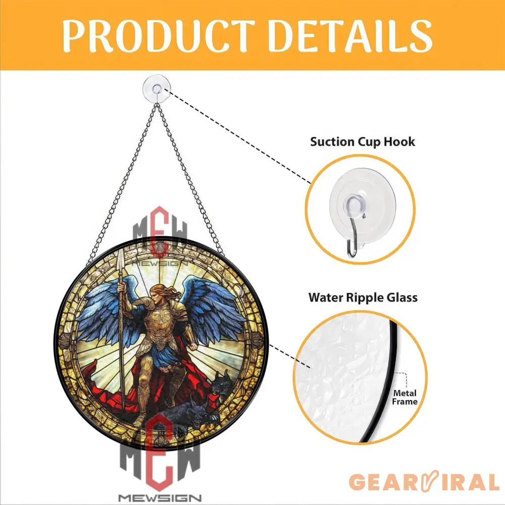 Stained Glass Archangel Michael Suncatcher – Warrior Angel Defeating Evil Religious Window Hanging Panel Divine