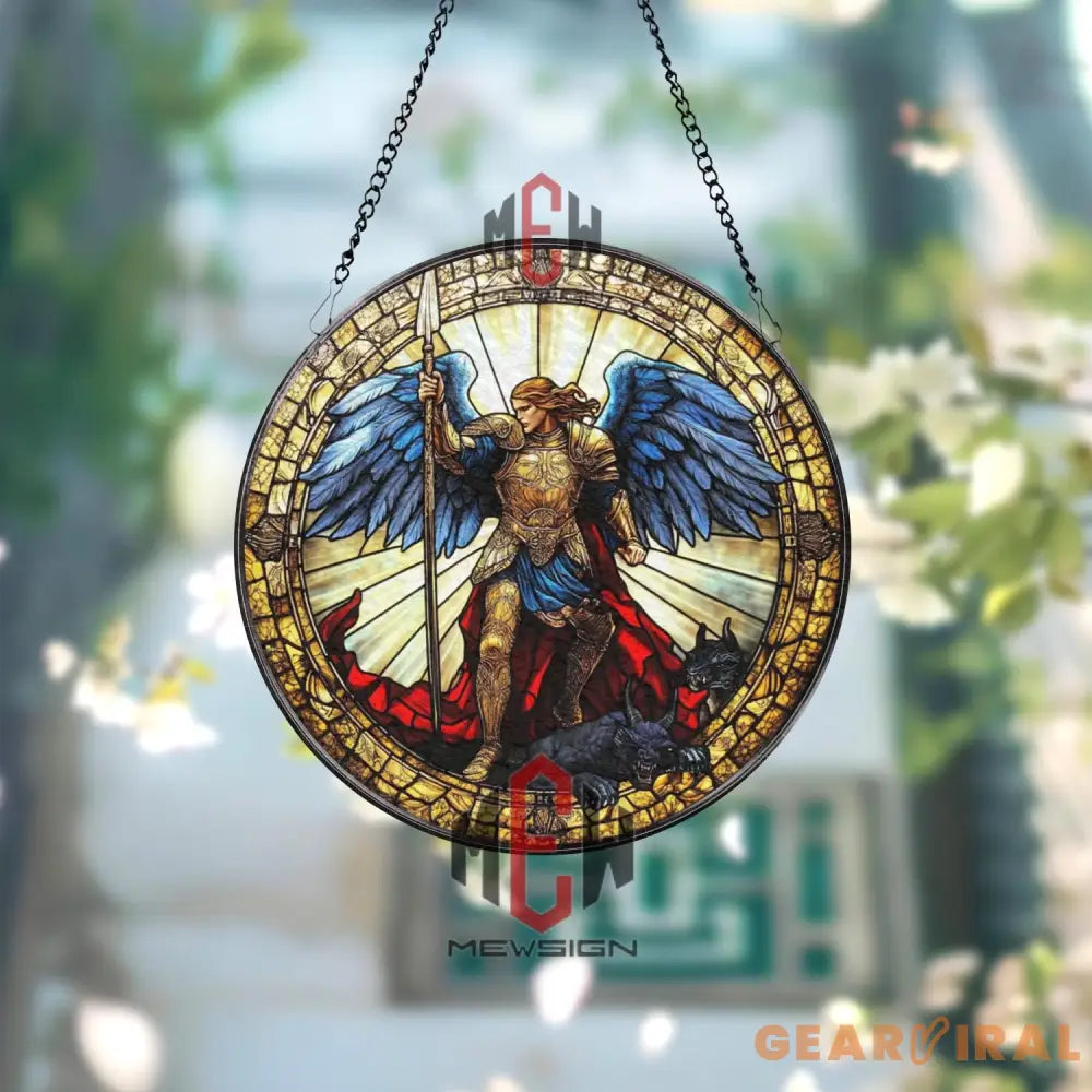 Stained Glass Archangel Michael Suncatcher – Warrior Angel Defeating Evil Religious Window Hanging Panel Divine