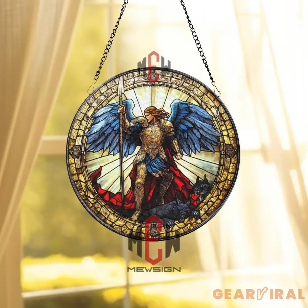 Stained Glass Archangel Michael Suncatcher – Warrior Angel Defeating Evil Religious Window Hanging Panel Divine