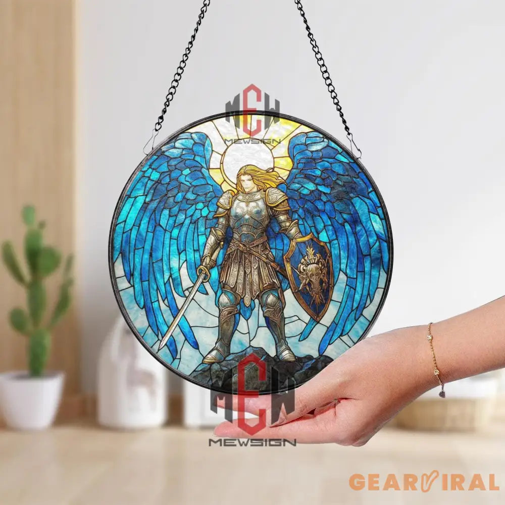 Stained Glass Archangel Suncatcher – Warrior Angel Window Hanging Panel Spiritual Protection Decor Guardian Angel Gift