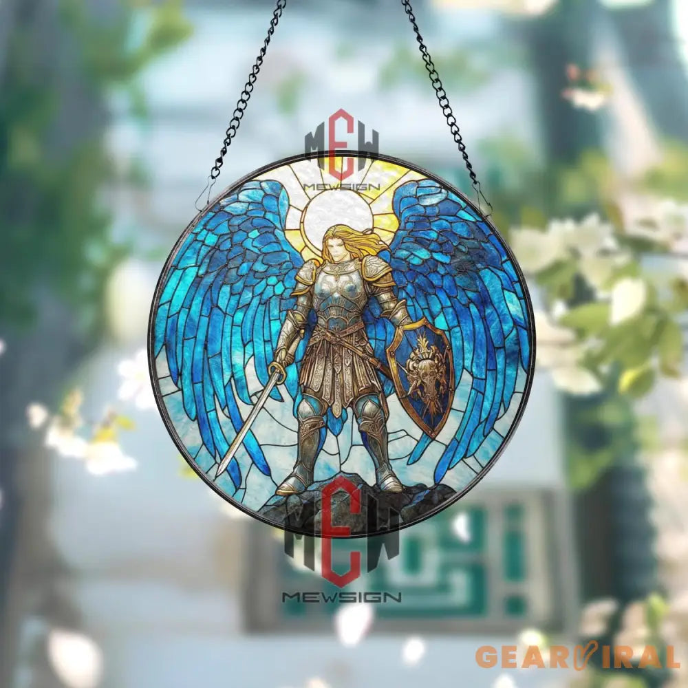 Stained Glass Archangel Suncatcher – Warrior Angel Window Hanging Panel Spiritual Protection Decor Guardian Angel Gift