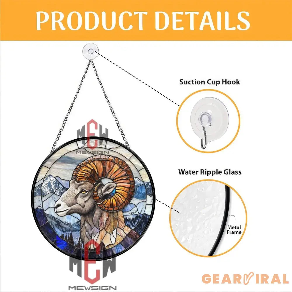 Stained Glass Bighorn Sheep Suncatcher – Mountain Animal Wall Decor Ram Window Hanging Rustic Cabin Gift Nature Lover