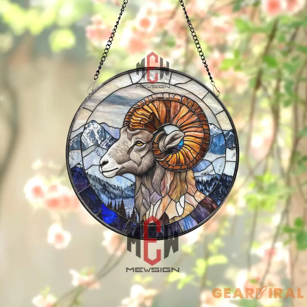 Stained Glass Bighorn Sheep Suncatcher – Mountain Animal Wall Decor Ram Window Hanging Rustic Cabin Gift Nature Lover