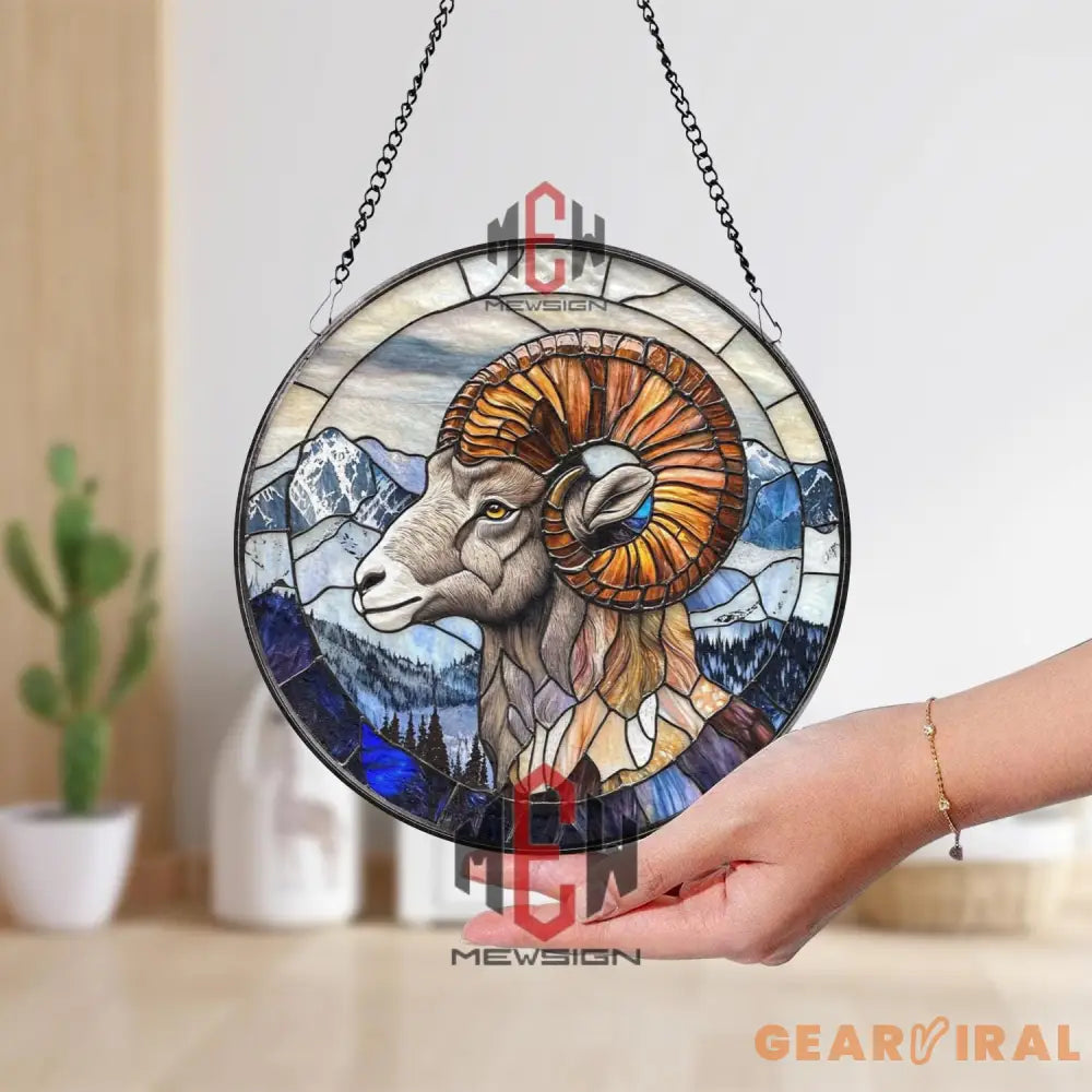 Stained Glass Bighorn Sheep Suncatcher – Mountain Animal Wall Decor Ram Window Hanging Rustic Cabin Gift Nature Lover