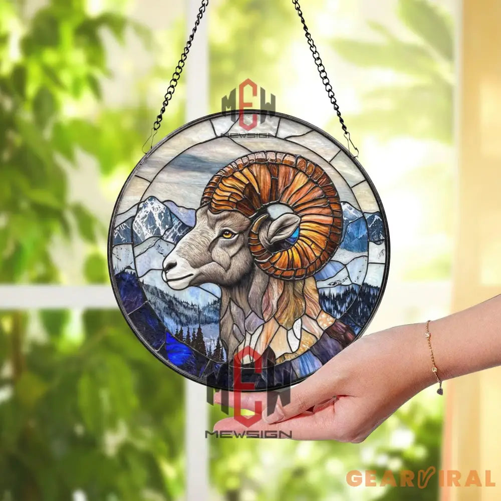 Stained Glass Bighorn Sheep Suncatcher – Mountain Animal Wall Decor Ram Window Hanging Rustic Cabin Gift Nature Lover
