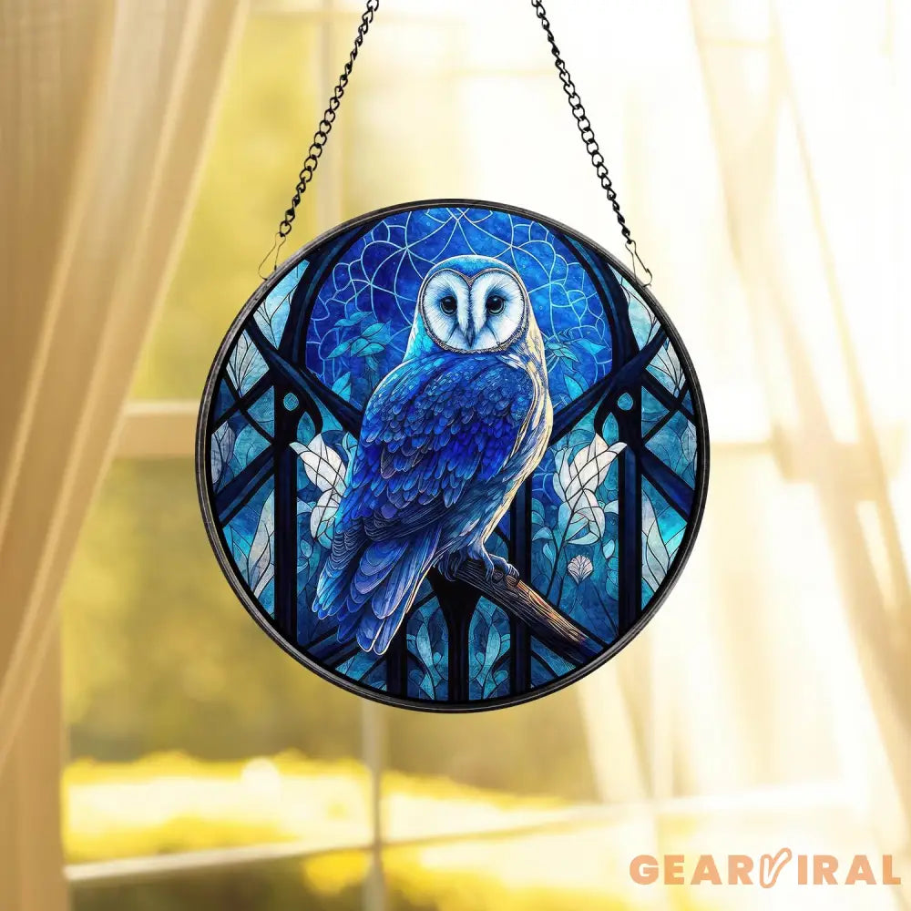 Stained Glass Blue Owl Bird Suncatcher Stained Glass Window Hanging Decor Owl Ornament Gift for Mom Owl Stained Glass