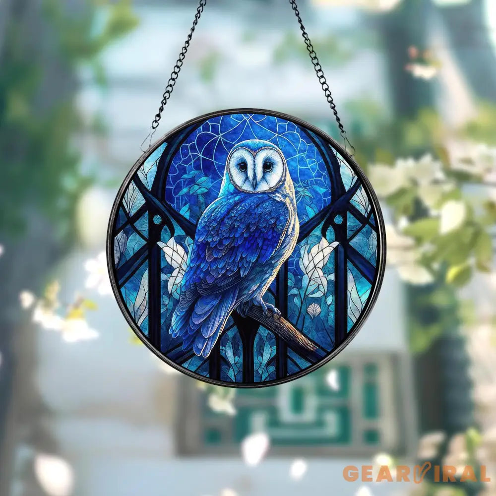 Stained Glass Blue Owl Bird Suncatcher Stained Glass Window Hanging Decor Owl Ornament Gift for Mom Owl Stained Glass