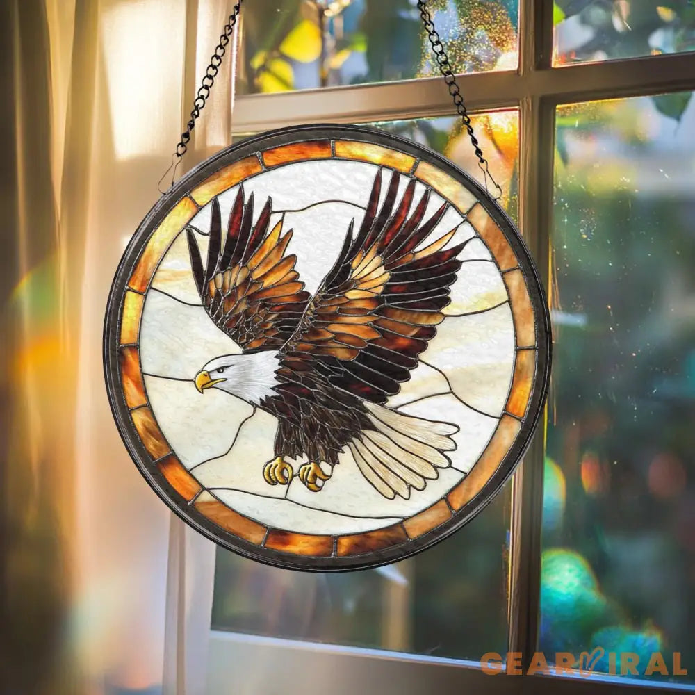 Stained Glass Eagle Suncatcher – Handmade Bald Eagle Window Art Patriotic Bird Decor Wildlife Gift for Nature Lovers
