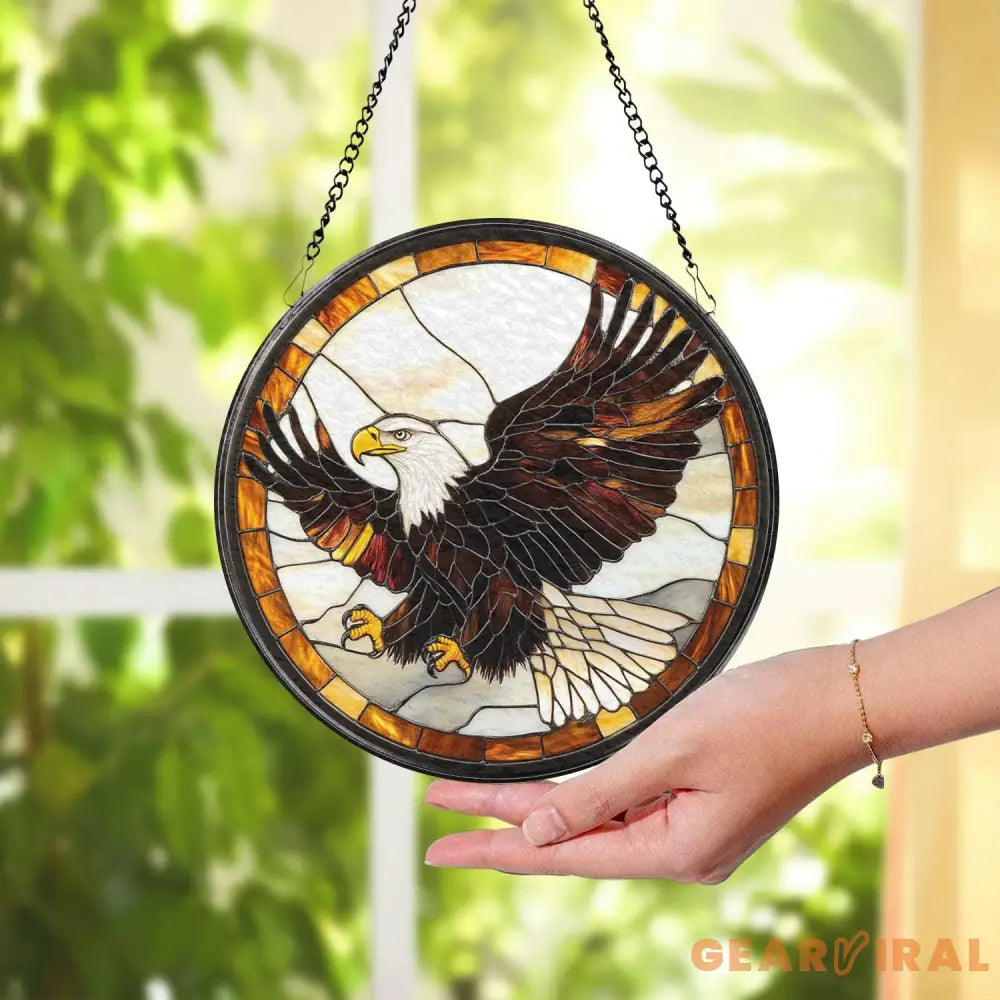 Stained Glass Eagle Suncatcher Wildlife Bird Window Art Handmade Gift for Nature Lovers Cabin Wall Decor Bald Eagle