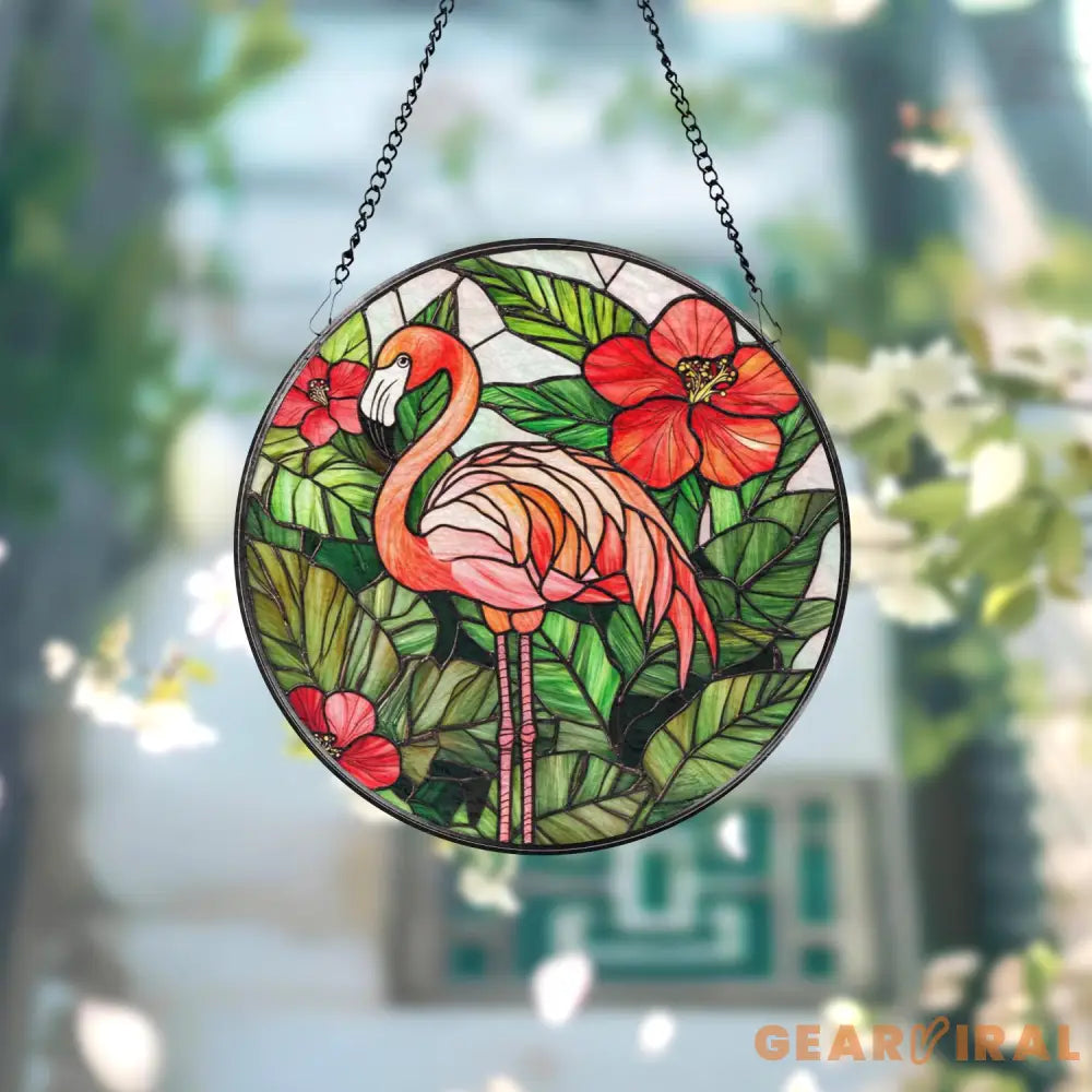Stained Glass Flamingo Suncatcher Tropical Hibiscus Flower Window Hanging Vibrant Glass Art Decor Flamingo Lover Gift
