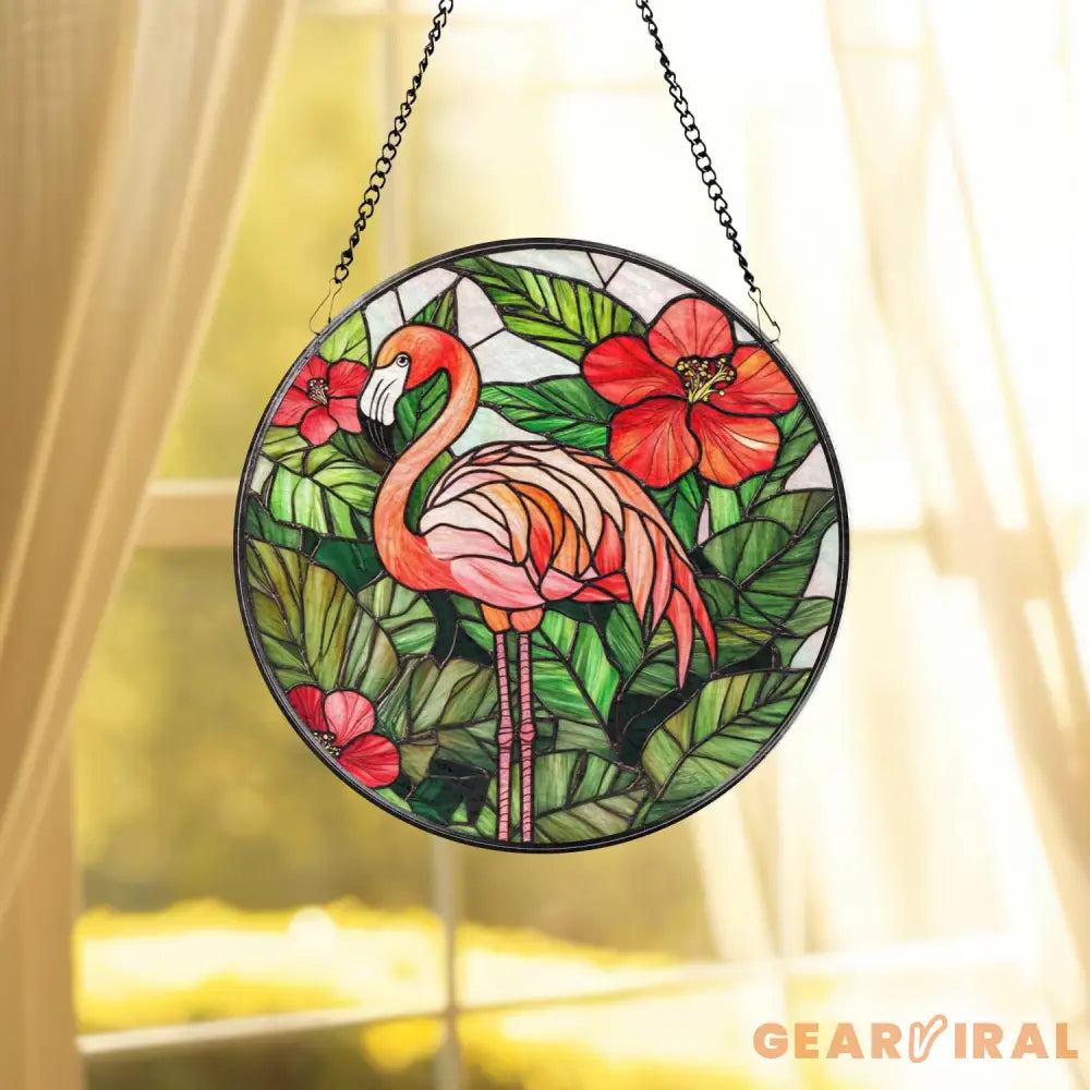 Stained Glass Flamingo Suncatcher Tropical Hibiscus Flower Window Hanging Vibrant Glass Art Decor Flamingo Lover Gift