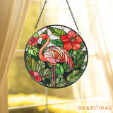 Stained Glass Flamingo Suncatcher Tropical Hibiscus Flower Window Hanging Vibrant Glass Art Decor Flamingo Lover Gift
