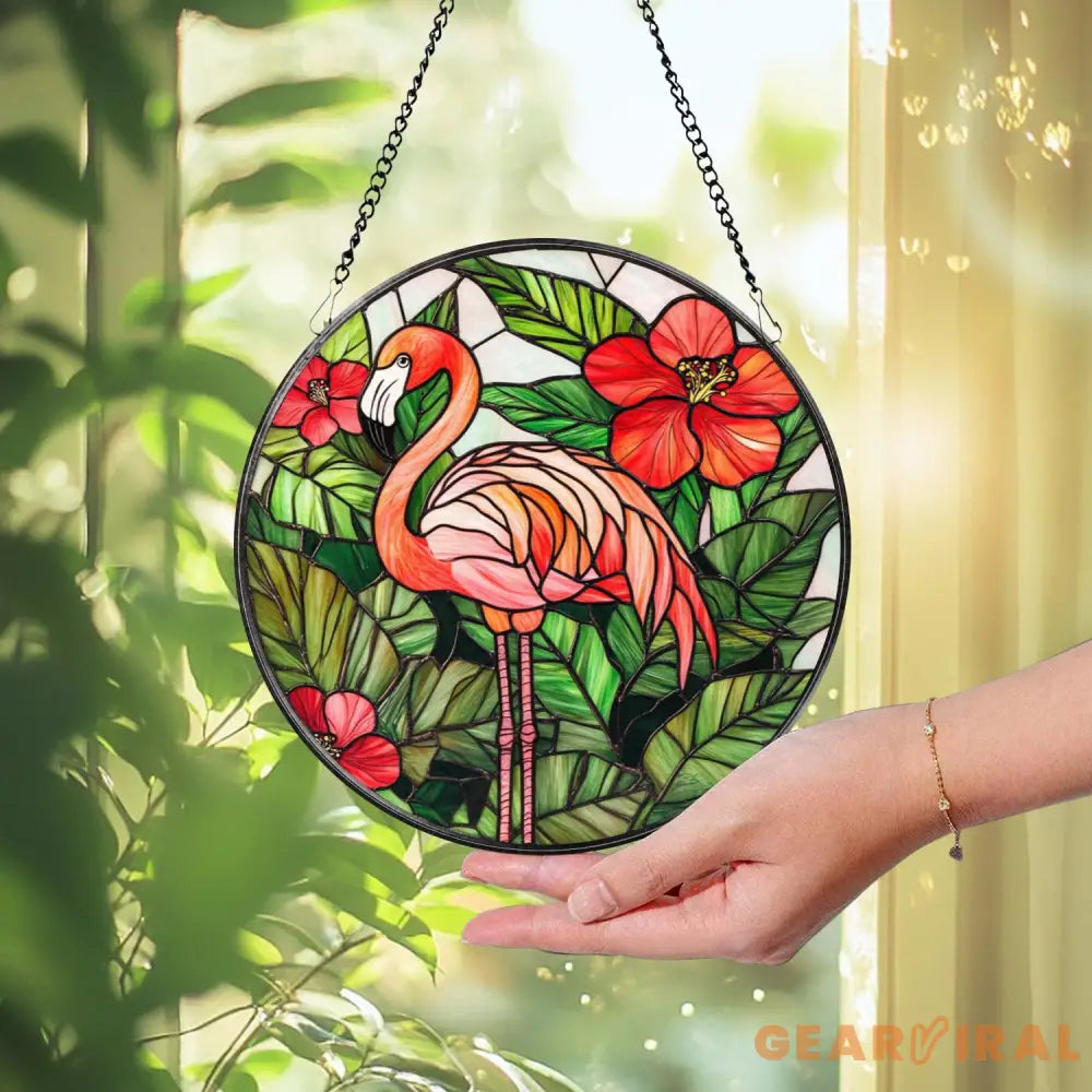 Stained Glass Flamingo Suncatcher Tropical Hibiscus Flower Window Hanging Vibrant Glass Art Decor Flamingo Lover Gift