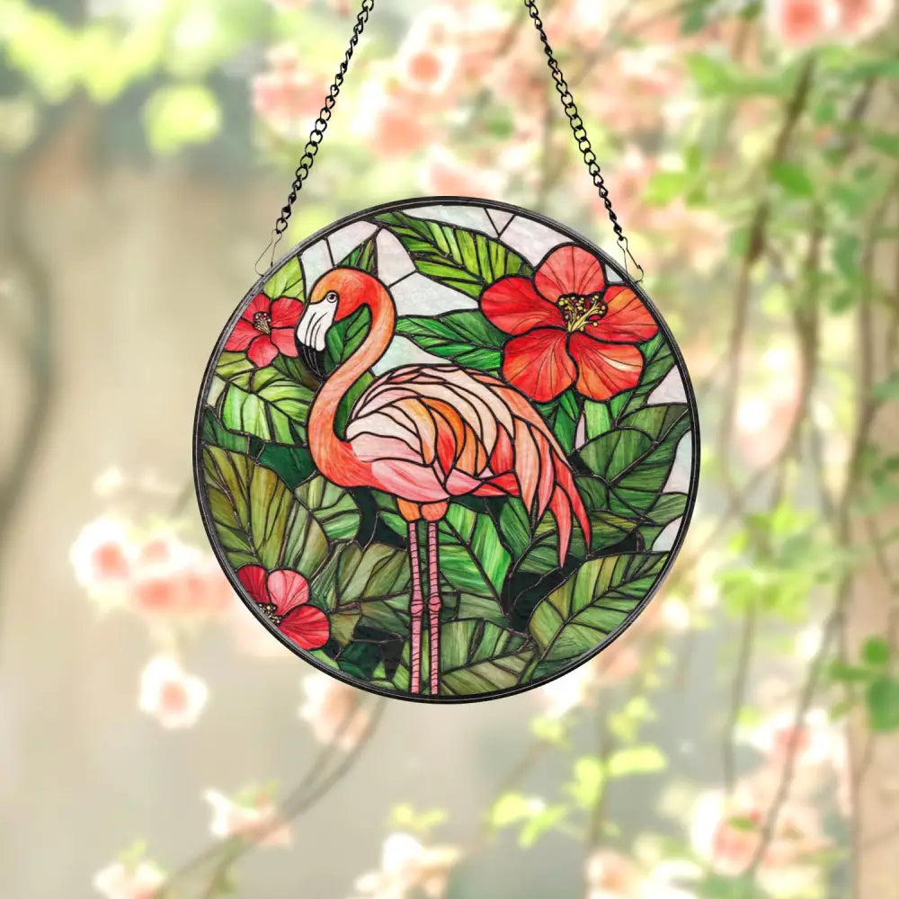 Stained Glass Flamingo Suncatcher Tropical Hibiscus Flower Window Hanging Vibrant Glass Art Decor Flamingo Lover Gift