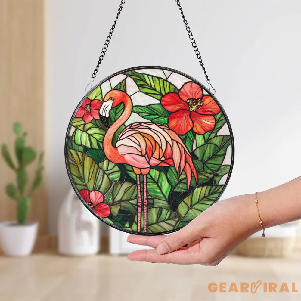 Stained Glass Flamingo Suncatcher Tropical Hibiscus Flower Window Hanging Vibrant Glass Art Decor Flamingo Lover Gift