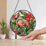 Stained Glass Flamingo Suncatcher Tropical Hibiscus Flower Window Hanging Vibrant Glass Art Decor Flamingo Lover Gift