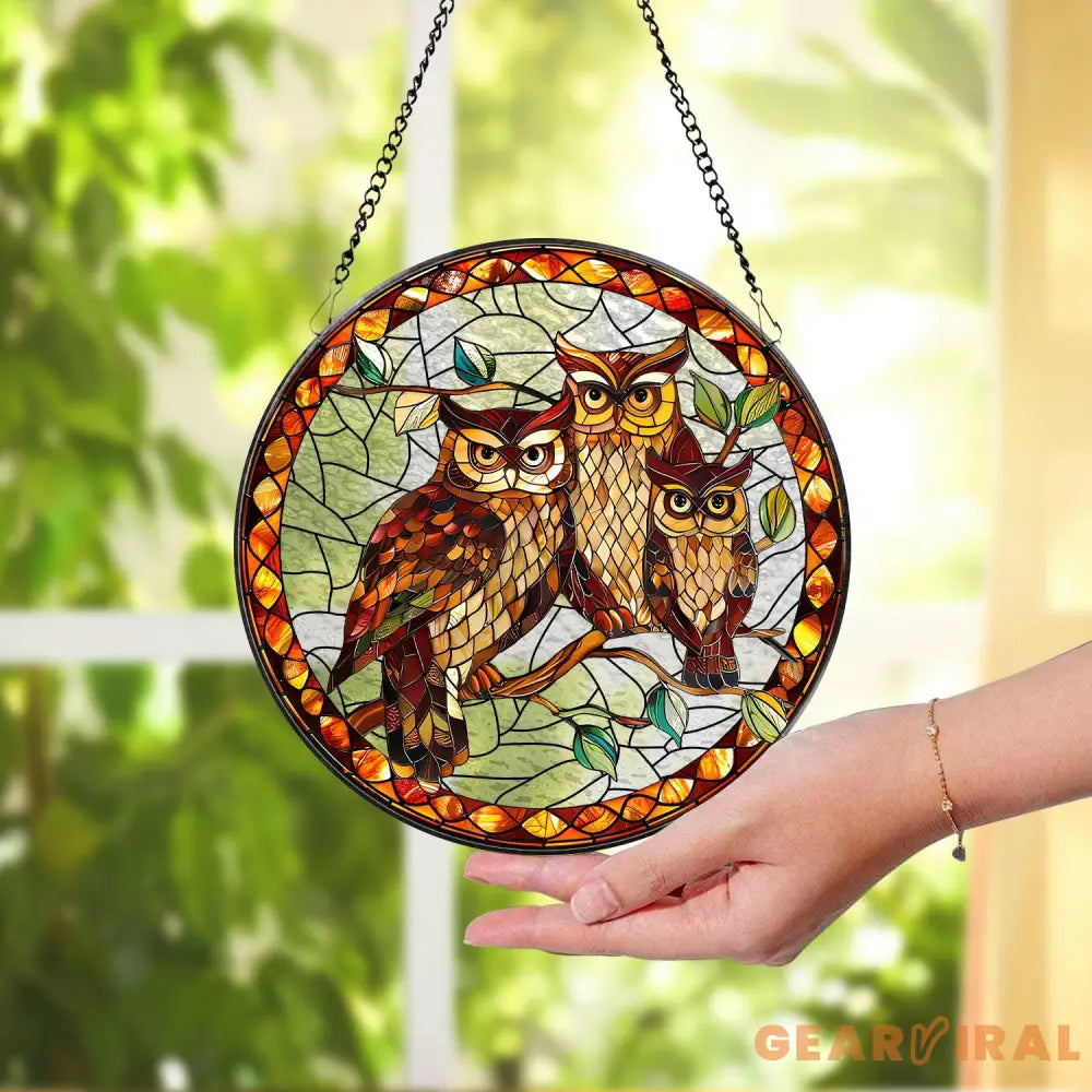 Stained Glass Owl Family Suncatcher Stained Glass Window Hanging Decor Owl Ornament Gift for Mom Owl Stained Glass Art