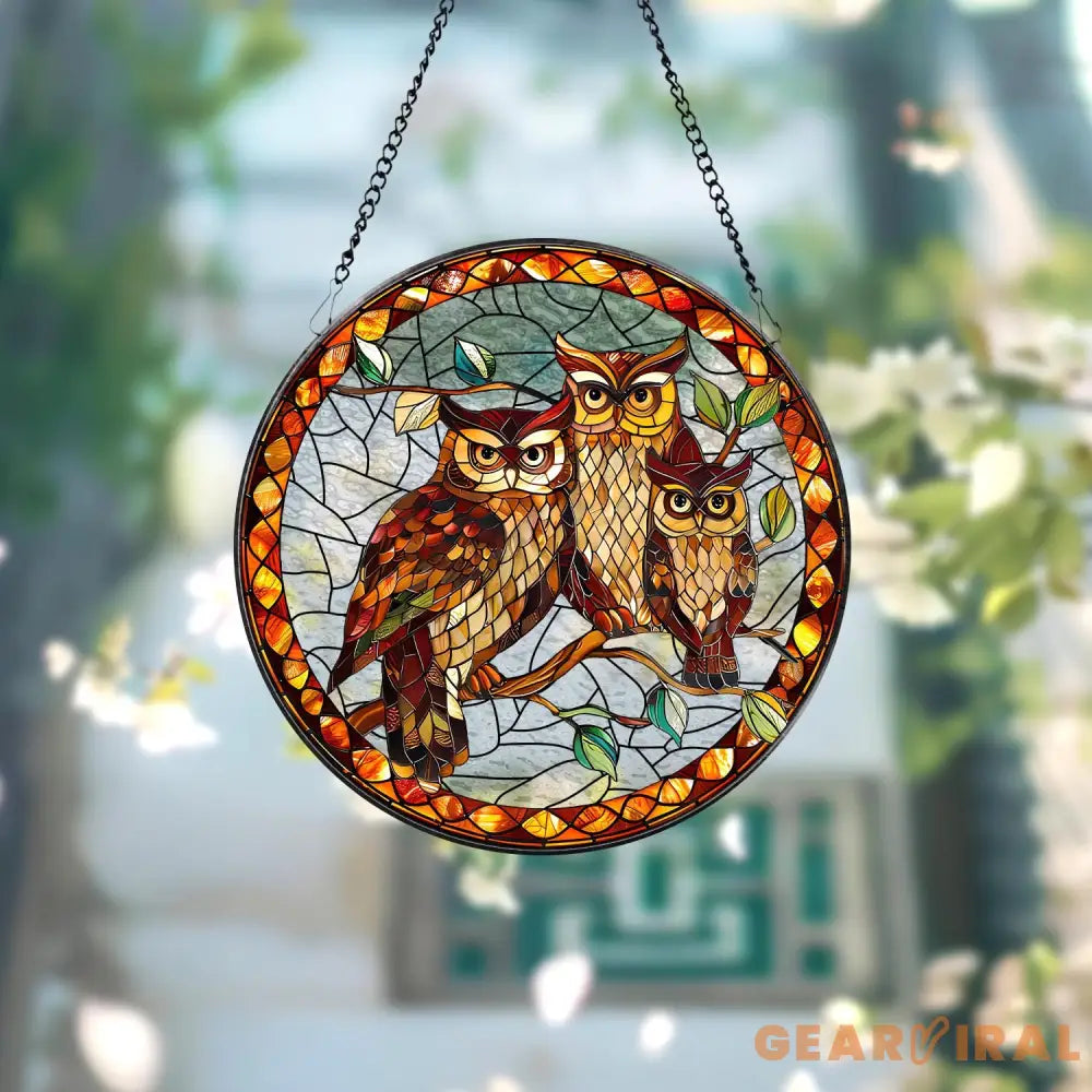 Stained Glass Owl Family Suncatcher Stained Glass Window Hanging Decor Owl Ornament Gift for Mom Owl Stained Glass Art