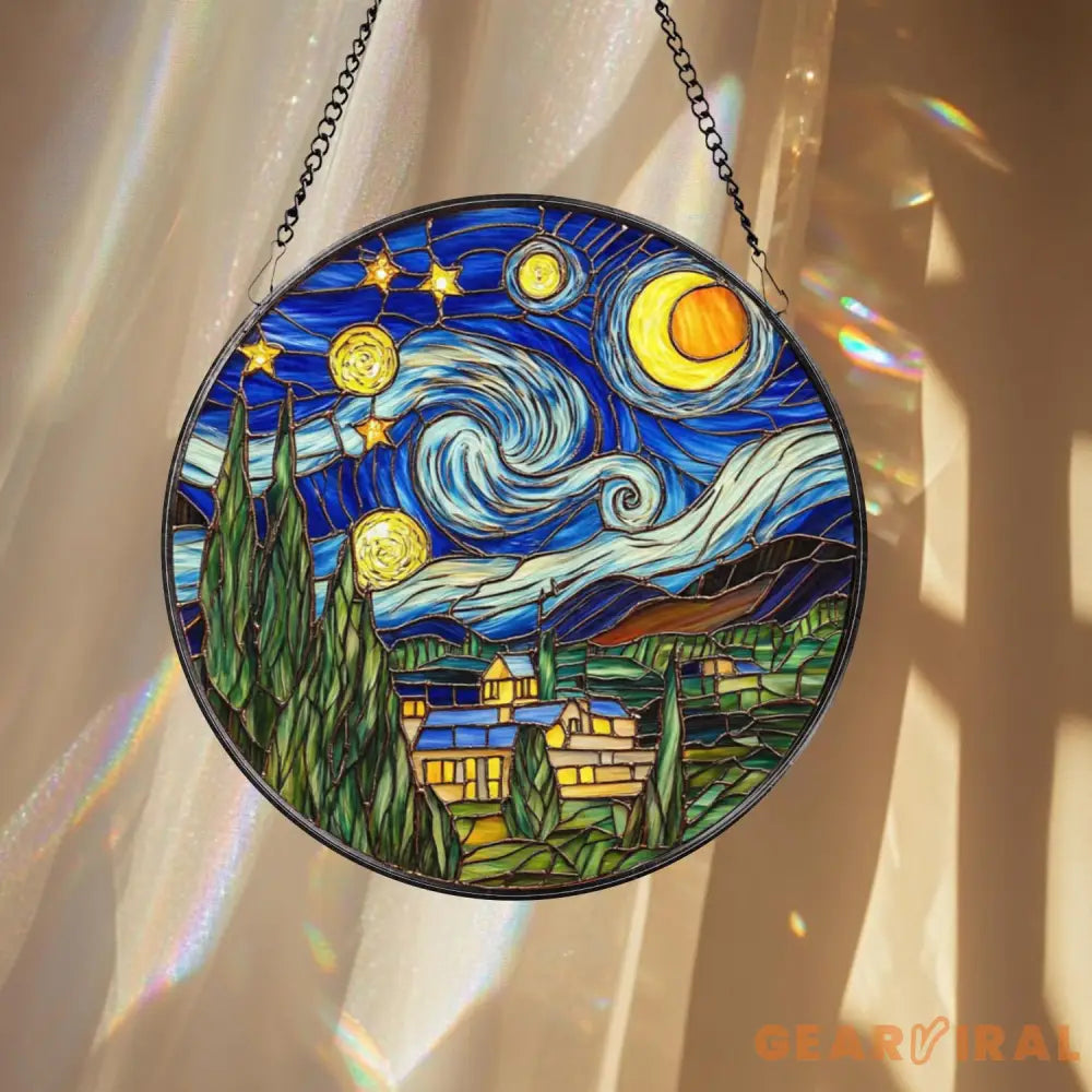 Stained Glass Starry Night Suncatcher Van Gogh Art Ornament Celestial Window Decor Gift for Art Lovers Holiday Keepsake