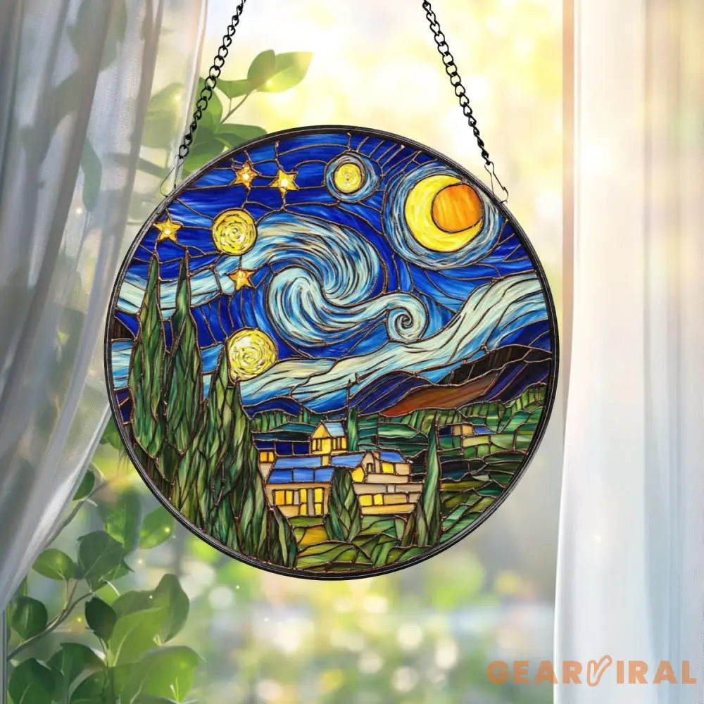 Stained Glass Starry Night Suncatcher Van Gogh Art Ornament Celestial Window Decor Gift for Art Lovers Holiday Keepsake