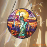 Statue of Liberty Stained Glass Suncatcher NYC Skyline Window Hanging Art Sunset Liberty Panel American Landmark Gift