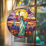 Statue of Liberty Stained Glass Suncatcher NYC Skyline Window Hanging Art Sunset Liberty Panel American Landmark Gift
