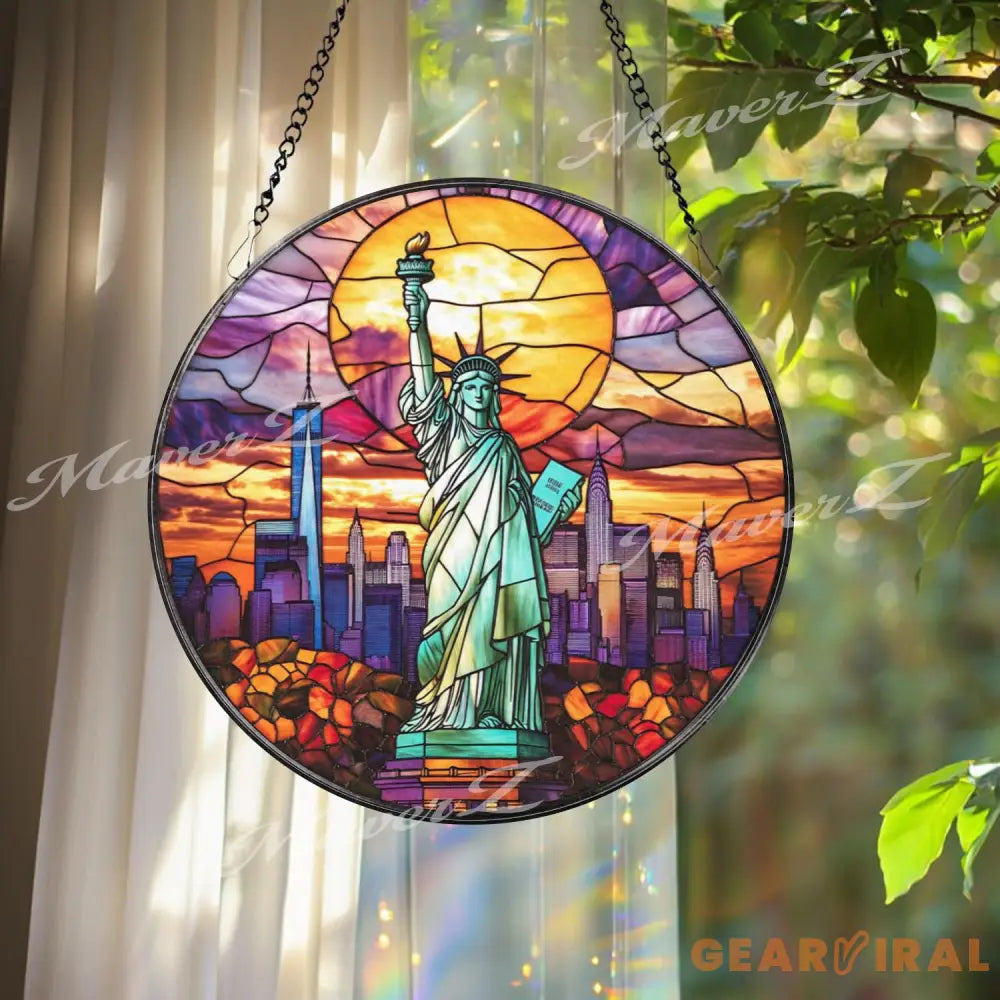 Statue of Liberty Stained Glass Suncatcher NYC Skyline Window Hanging Art Sunset Liberty Panel American Landmark Gift