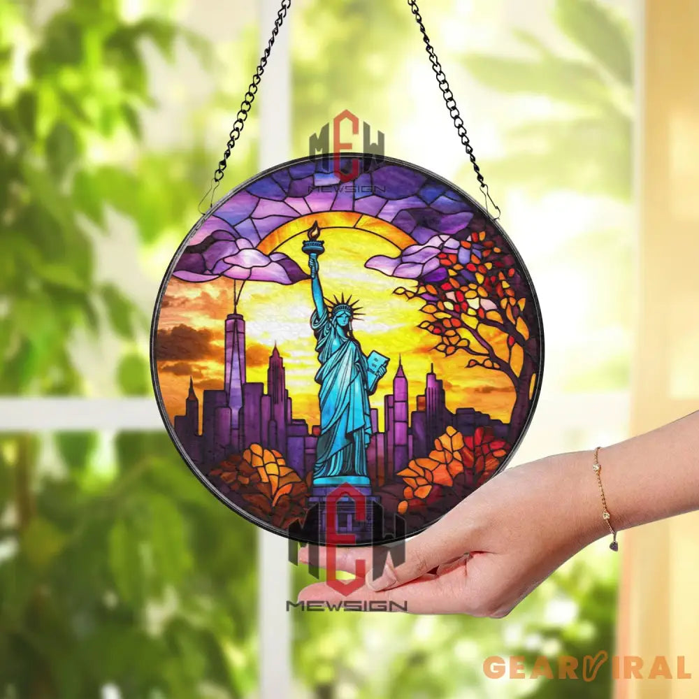 Statue of Liberty Stained Glass Suncatcher NYC Skyline Window Hanging Freedom Patriotic Gift New York City Glass Panel