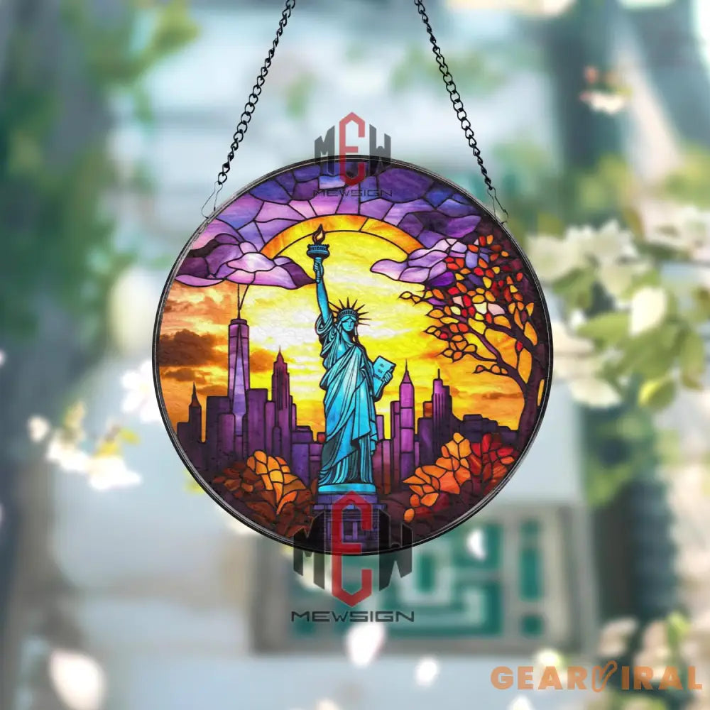 Statue of Liberty Stained Glass Suncatcher NYC Skyline Window Hanging Freedom Patriotic Gift New York City Glass Panel