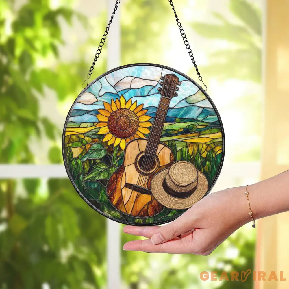 Sunflower & Guitar Stained Glass Suncatcher Country Music Window Hanging Rustic Landscape Glass Art Gift for Musicians