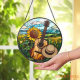 Sunflower & Guitar Stained Glass Suncatcher Country Music Window Hanging Rustic Landscape Glass Art Gift for Musicians