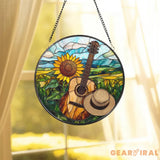 Sunflower & Guitar Stained Glass Suncatcher Country Music Window Hanging Rustic Landscape Glass Art Gift for Musicians