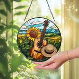 Sunflower & Guitar Stained Glass Suncatcher Country Music Window Hanging Rustic Landscape Glass Art Gift for Musicians