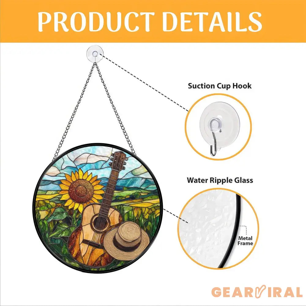 Sunflower & Guitar Stained Glass Suncatcher Country Music Window Hanging Rustic Landscape Glass Art Gift for Musicians