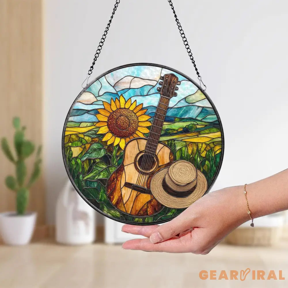 Sunflower & Guitar Stained Glass Suncatcher Country Music Window Hanging Rustic Landscape Glass Art Gift for Musicians