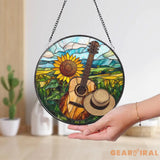Sunflower & Guitar Stained Glass Suncatcher Country Music Window Hanging Rustic Landscape Glass Art Gift for Musicians