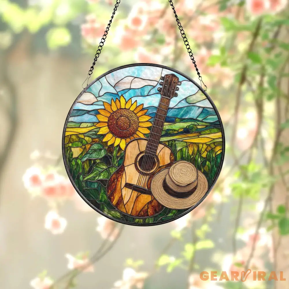 Sunflower & Guitar Stained Glass Suncatcher Country Music Window Hanging Rustic Landscape Glass Art Gift for Musicians