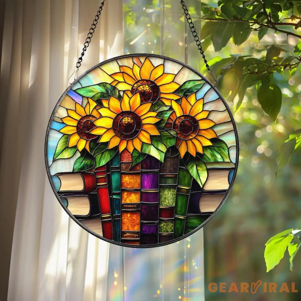 Sunflowers and Books Stained Glass Suncatcher Round Window Hanging Panel Floral Reading Nook Decor Gift for Teachers