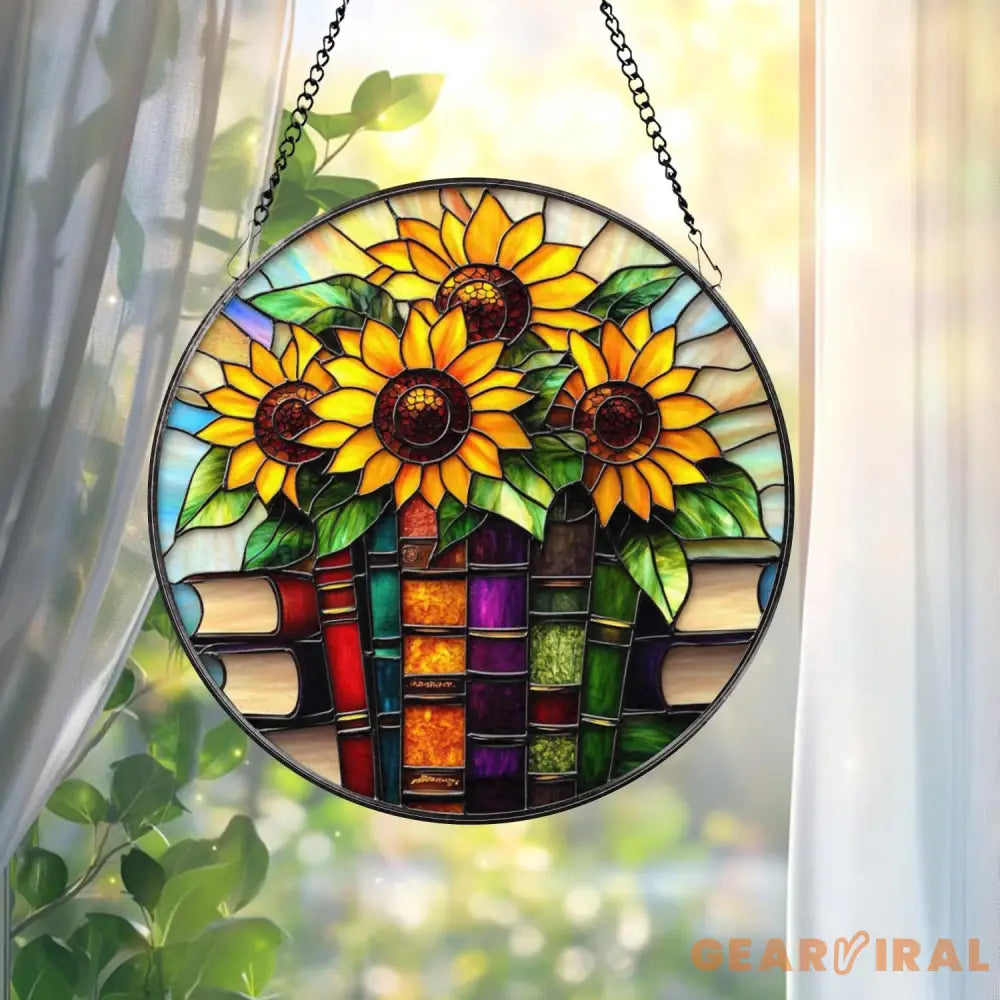 Sunflowers and Books Stained Glass Suncatcher Round Window Hanging Panel Floral Reading Nook Decor Gift for Teachers
