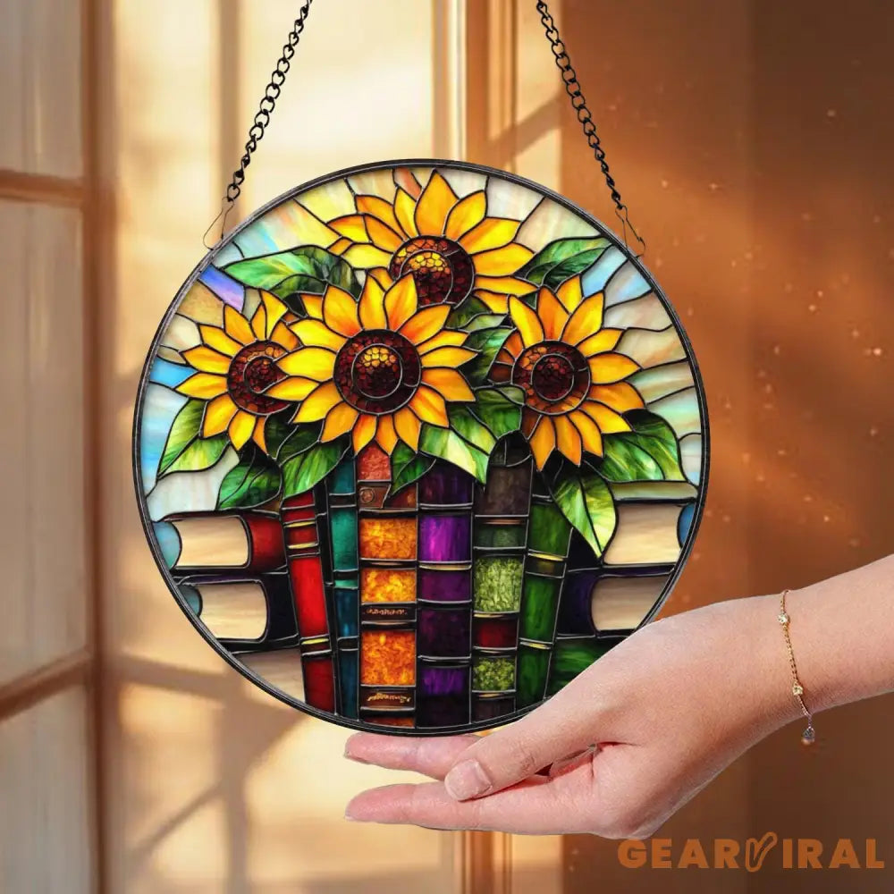 Sunflowers and Books Stained Glass Suncatcher Round Window Hanging Panel Floral Reading Nook Decor Gift for Teachers