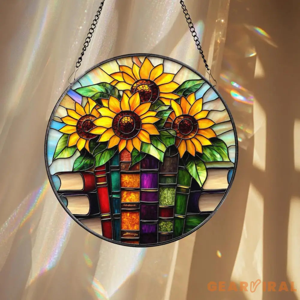 Sunflowers and Books Stained Glass Suncatcher Round Window Hanging Panel Floral Reading Nook Decor Gift for Teachers