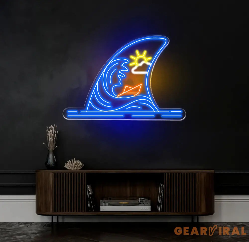 Sunny Ocean Waves Neon Sign Paper Boat Shark Fin LED Light Coastal Decor Beach Bar Sign Ocean Themed Neon Light