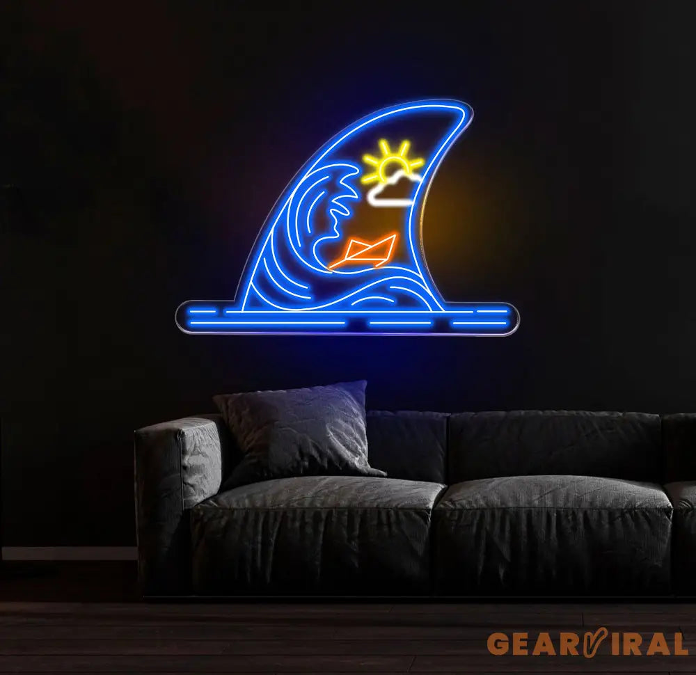 Sunny Ocean Waves Neon Sign Paper Boat Shark Fin LED Light Coastal Decor Beach Bar Sign Ocean Themed Neon Light