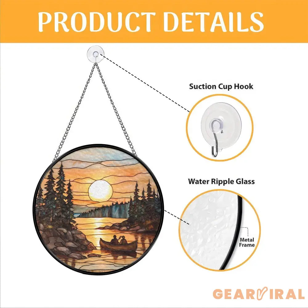 Sunset Canoe Stained Glass Suncatcher Romantic Lake Scene Window Hanging Forest River Glass Art Nature Couple Gift Decor