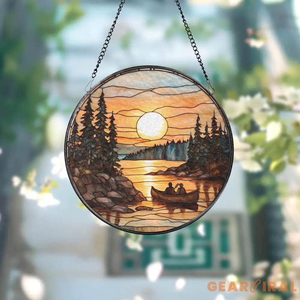 Sunset Canoe Stained Glass Suncatcher Romantic Lake Scene Window Hanging Forest River Glass Art Nature Couple Gift Decor