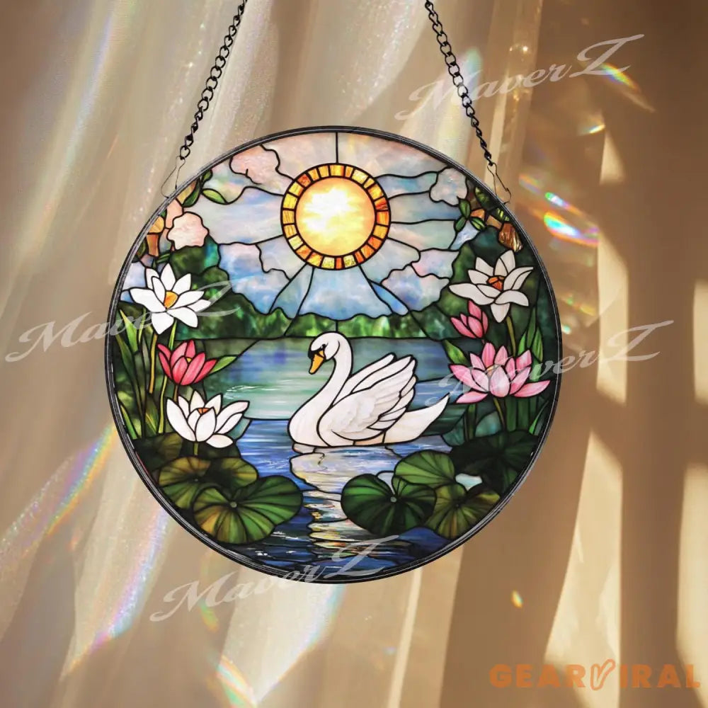 Swan and Lotus Stained Glass Suncatcher Tranquil Lake Window Hanging Sunlight Garden Glass Art Peaceful Bird Decor